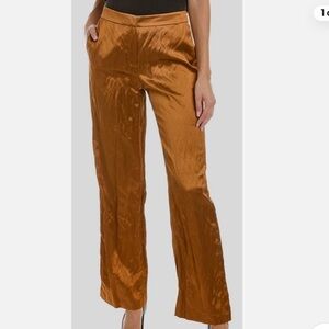 Lafayette 148 NY Dalton Cognac Crushed Satin Wide Leg Designer Trousers, Size 14
